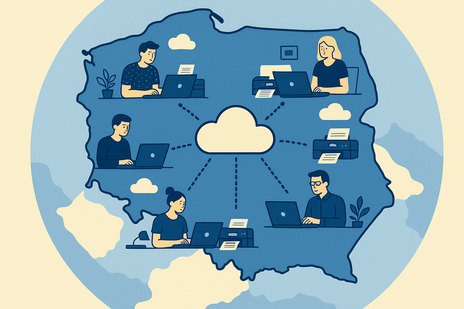 Ilustracja mapy Polski z zaznaczonymi użytkownikami laptopów połączonymi z centralną chmurą. Każdy użytkownik drukuje zdalnie, symbolizując pracę z różnych lokalizacji.